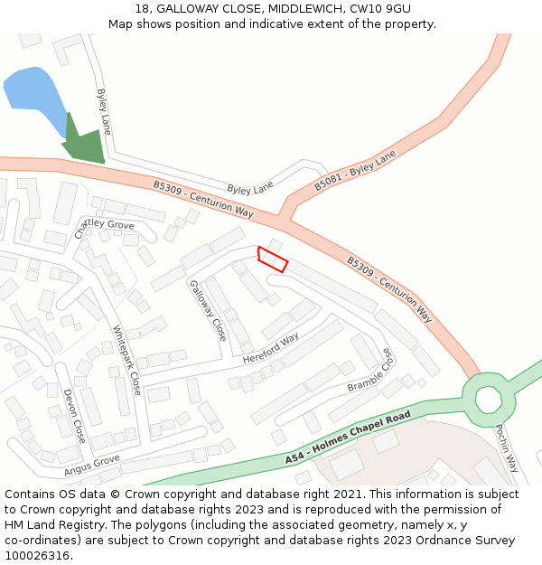 18, GALLOWAY CLOSE, MIDDLEWICH, CW10 9GU: Location map and indicative extent of plot