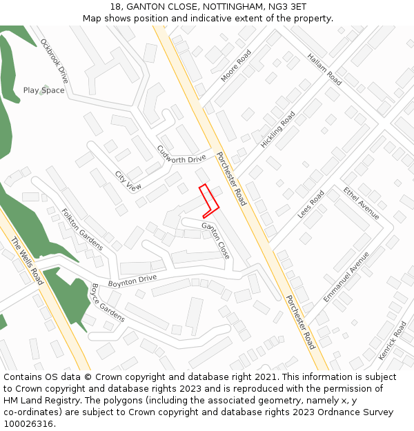 18, GANTON CLOSE, NOTTINGHAM, NG3 3ET: Location map and indicative extent of plot