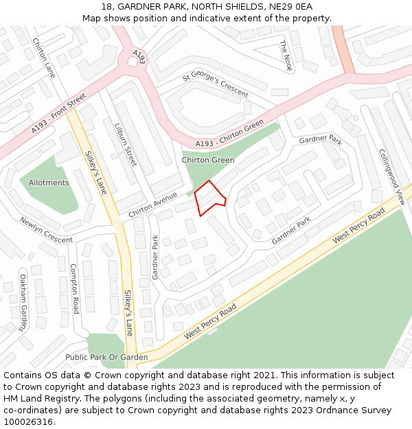 18, GARDNER PARK, NORTH SHIELDS, NE29 0EA: Location map and indicative extent of plot