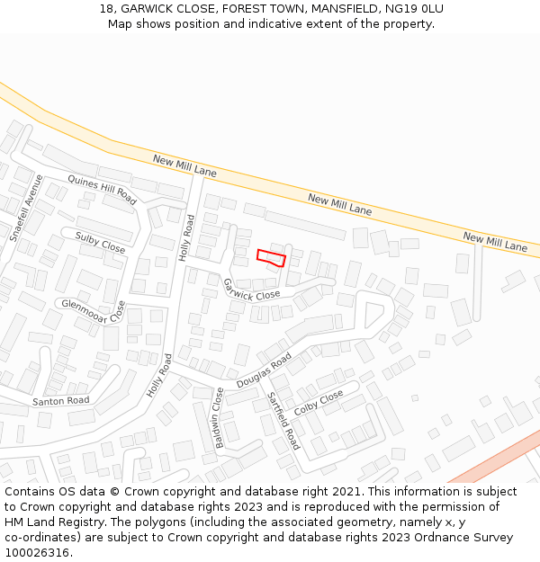 18, GARWICK CLOSE, FOREST TOWN, MANSFIELD, NG19 0LU: Location map and indicative extent of plot