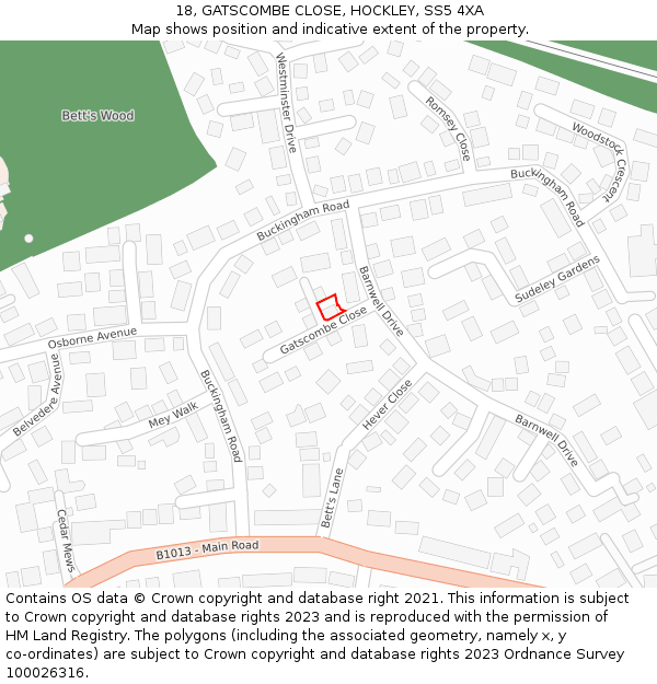 18, GATSCOMBE CLOSE, HOCKLEY, SS5 4XA: Location map and indicative extent of plot