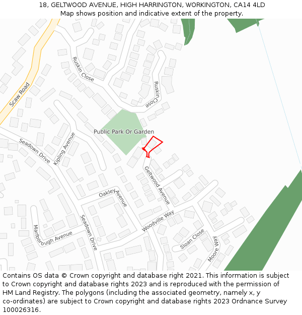 18, GELTWOOD AVENUE, HIGH HARRINGTON, WORKINGTON, CA14 4LD: Location map and indicative extent of plot