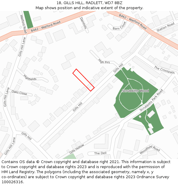 18, GILLS HILL, RADLETT, WD7 8BZ: Location map and indicative extent of plot