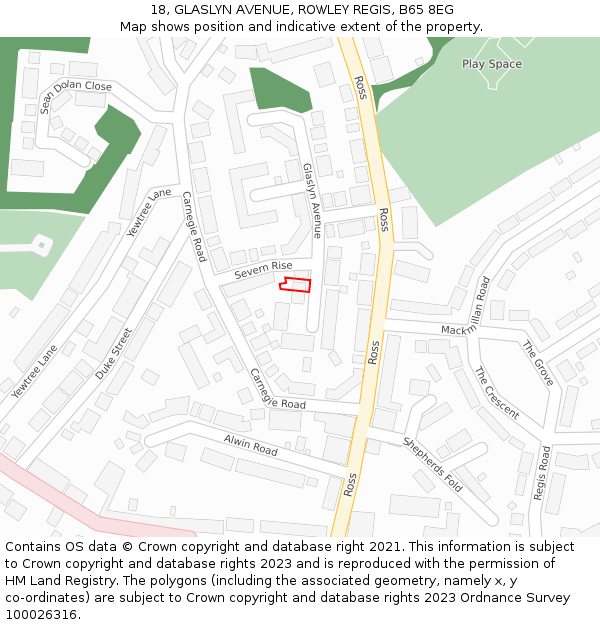 18, GLASLYN AVENUE, ROWLEY REGIS, B65 8EG: Location map and indicative extent of plot