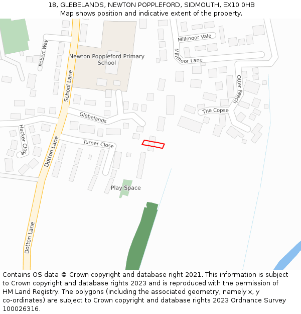 18, GLEBELANDS, NEWTON POPPLEFORD, SIDMOUTH, EX10 0HB: Location map and indicative extent of plot