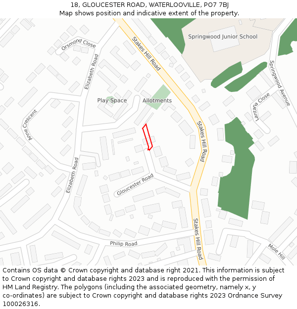 18, GLOUCESTER ROAD, WATERLOOVILLE, PO7 7BJ: Location map and indicative extent of plot