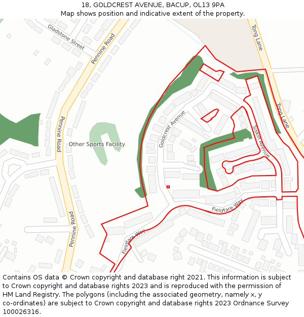 18, GOLDCREST AVENUE, BACUP, OL13 9PA: Location map and indicative extent of plot