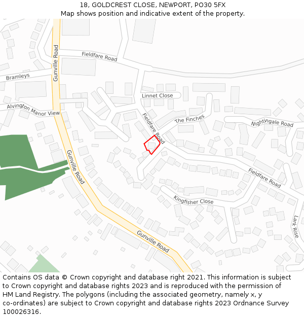 18, GOLDCREST CLOSE, NEWPORT, PO30 5FX: Location map and indicative extent of plot