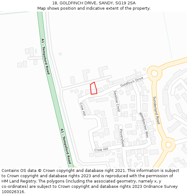 18, GOLDFINCH DRIVE, SANDY, SG19 2SA: Location map and indicative extent of plot