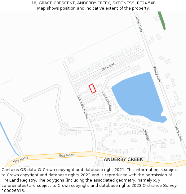 18, GRACE CRESCENT, ANDERBY CREEK, SKEGNESS, PE24 5XR: Location map and indicative extent of plot