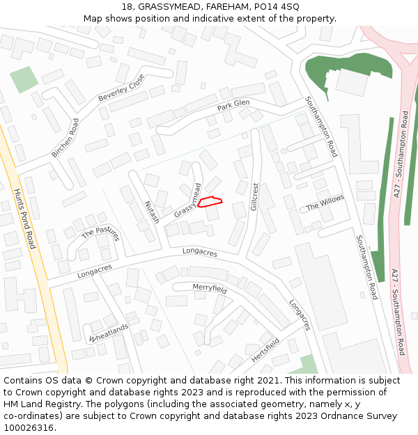 18, GRASSYMEAD, FAREHAM, PO14 4SQ: Location map and indicative extent of plot