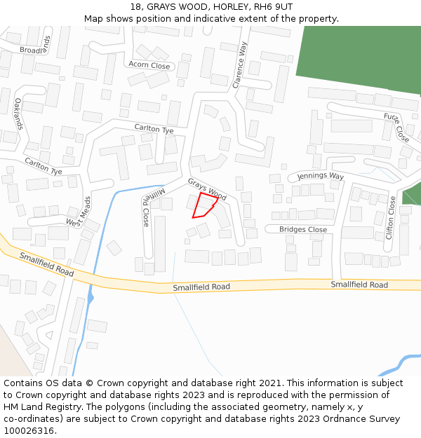 18, GRAYS WOOD, HORLEY, RH6 9UT: Location map and indicative extent of plot