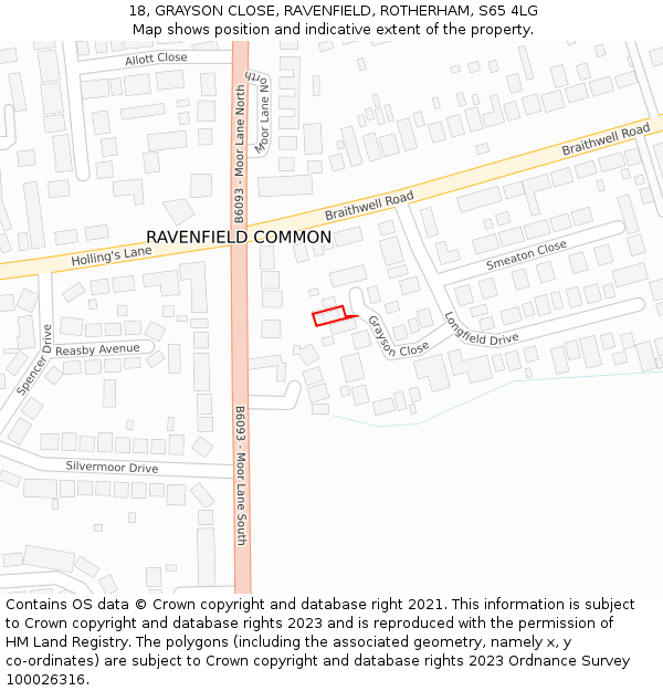 18, GRAYSON CLOSE, RAVENFIELD, ROTHERHAM, S65 4LG: Location map and indicative extent of plot