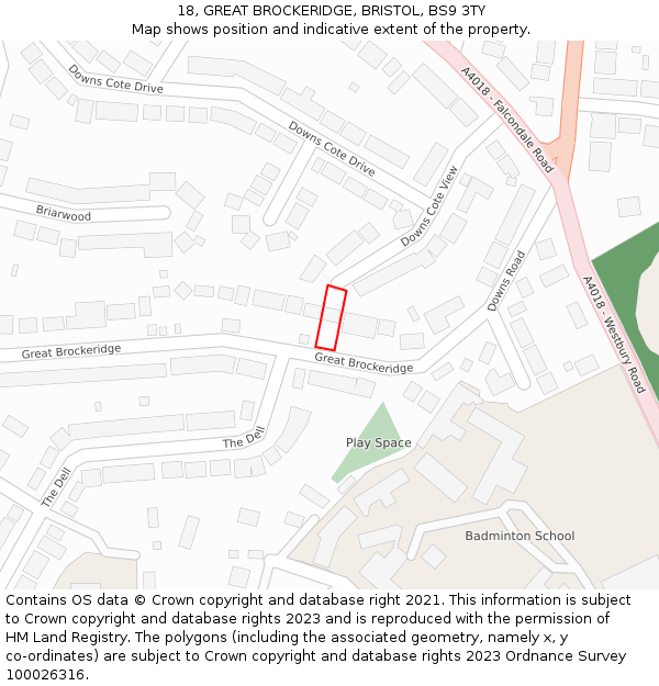 18, GREAT BROCKERIDGE, BRISTOL, BS9 3TY: Location map and indicative extent of plot
