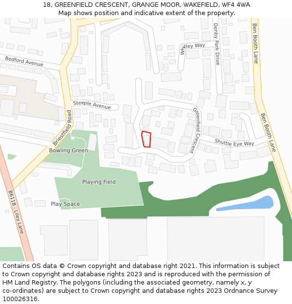 18, GREENFIELD CRESCENT, GRANGE MOOR, WAKEFIELD, WF4 4WA: Location map and indicative extent of plot