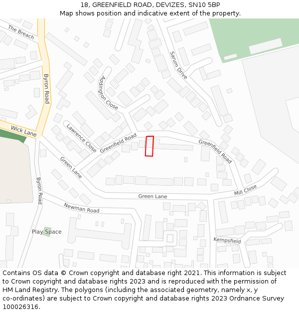 18, GREENFIELD ROAD, DEVIZES, SN10 5BP: Location map and indicative extent of plot