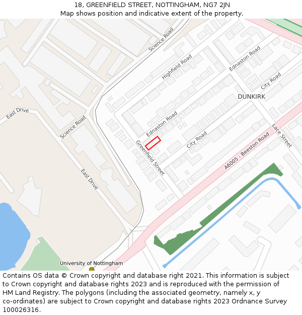 18, GREENFIELD STREET, NOTTINGHAM, NG7 2JN: Location map and indicative extent of plot