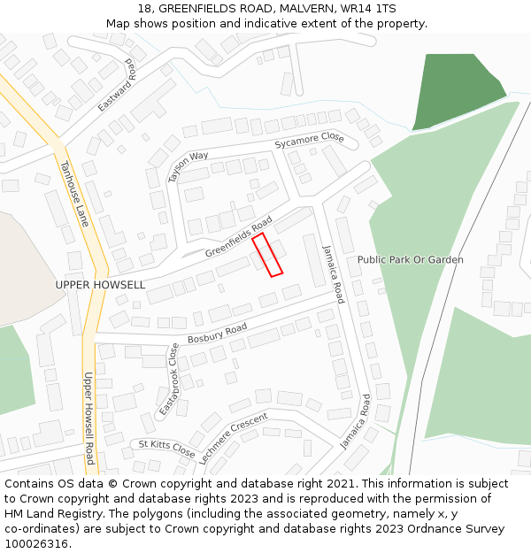 18, GREENFIELDS ROAD, MALVERN, WR14 1TS: Location map and indicative extent of plot