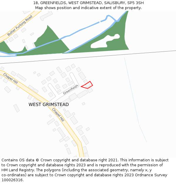 18, GREENFIELDS, WEST GRIMSTEAD, SALISBURY, SP5 3SH: Location map and indicative extent of plot