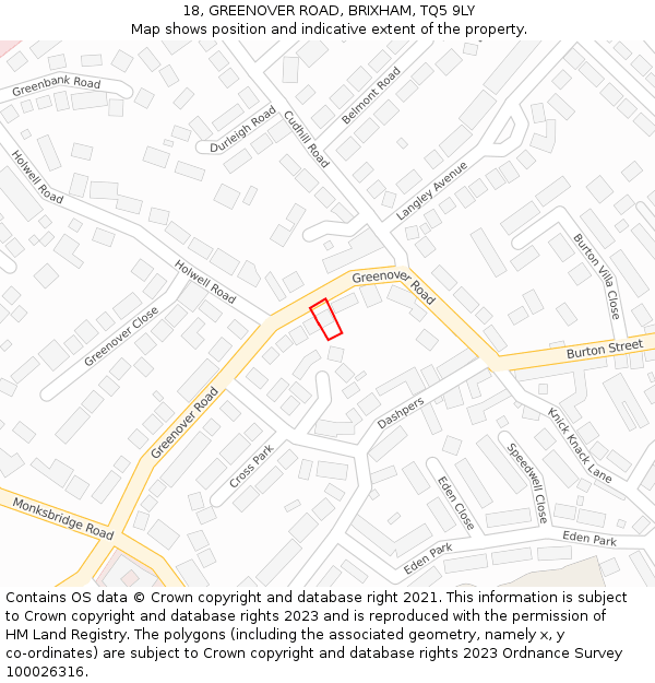 18, GREENOVER ROAD, BRIXHAM, TQ5 9LY: Location map and indicative extent of plot