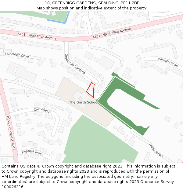 18, GREENRIGG GARDENS, SPALDING, PE11 2BP: Location map and indicative extent of plot