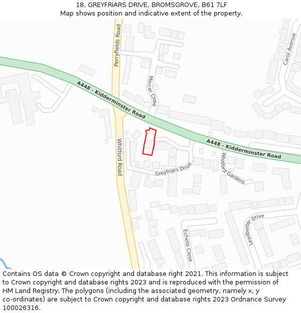 18, GREYFRIARS DRIVE, BROMSGROVE, B61 7LF: Location map and indicative extent of plot