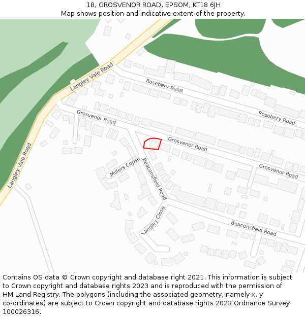 18, GROSVENOR ROAD, EPSOM, KT18 6JH: Location map and indicative extent of plot