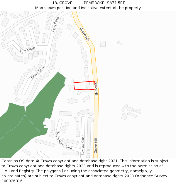 18, GROVE HILL, PEMBROKE, SA71 5PT: Location map and indicative extent of plot