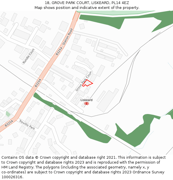 18, GROVE PARK COURT, LISKEARD, PL14 4EZ: Location map and indicative extent of plot