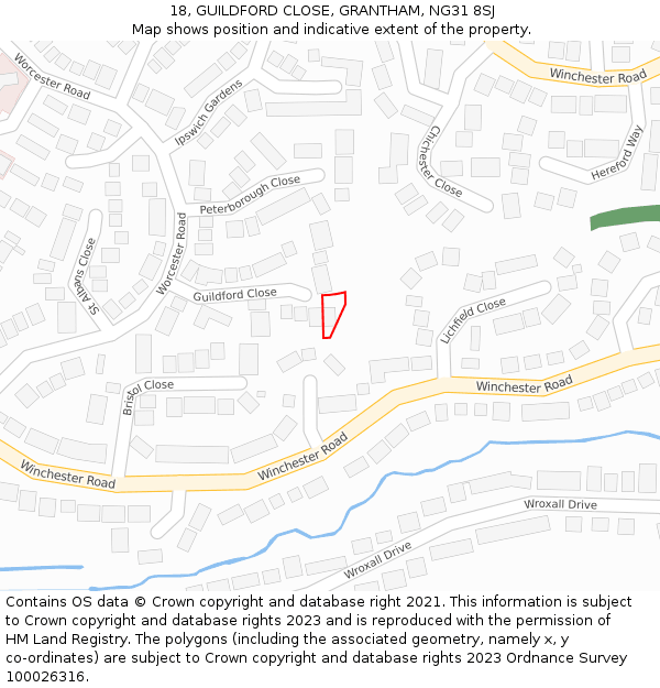 18, GUILDFORD CLOSE, GRANTHAM, NG31 8SJ: Location map and indicative extent of plot