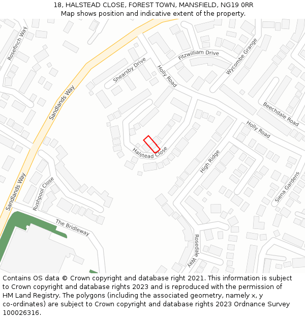 18, HALSTEAD CLOSE, FOREST TOWN, MANSFIELD, NG19 0RR: Location map and indicative extent of plot
