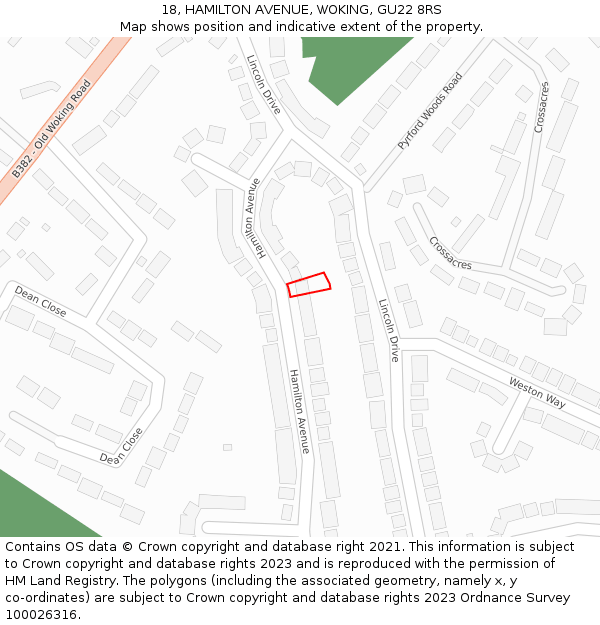 18, HAMILTON AVENUE, WOKING, GU22 8RS: Location map and indicative extent of plot