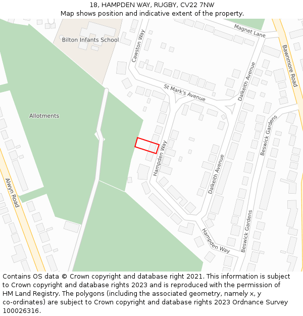 18, HAMPDEN WAY, RUGBY, CV22 7NW: Location map and indicative extent of plot