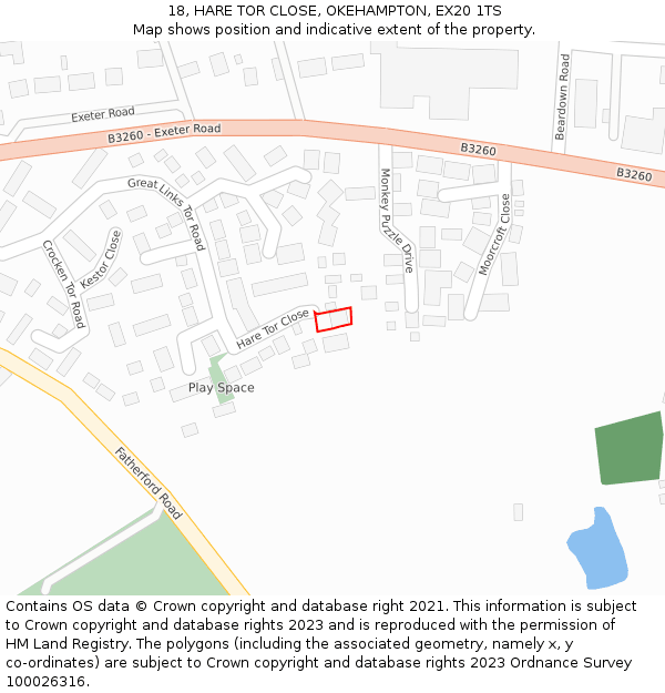 18, HARE TOR CLOSE, OKEHAMPTON, EX20 1TS: Location map and indicative extent of plot