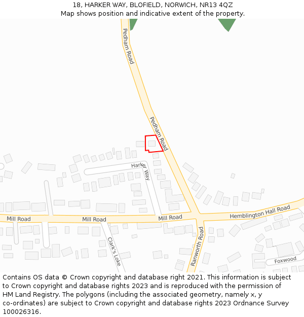 18, HARKER WAY, BLOFIELD, NORWICH, NR13 4QZ: Location map and indicative extent of plot