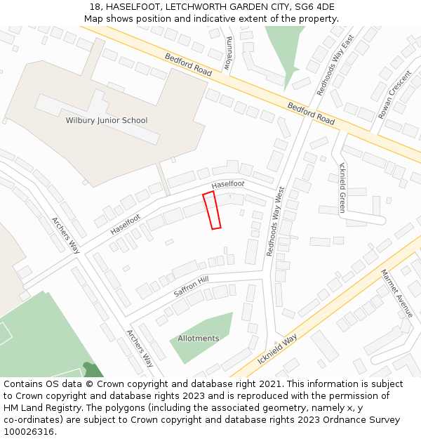 18, HASELFOOT, LETCHWORTH GARDEN CITY, SG6 4DE: Location map and indicative extent of plot