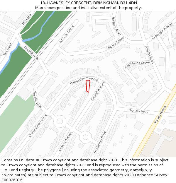 18, HAWKESLEY CRESCENT, BIRMINGHAM, B31 4DN: Location map and indicative extent of plot