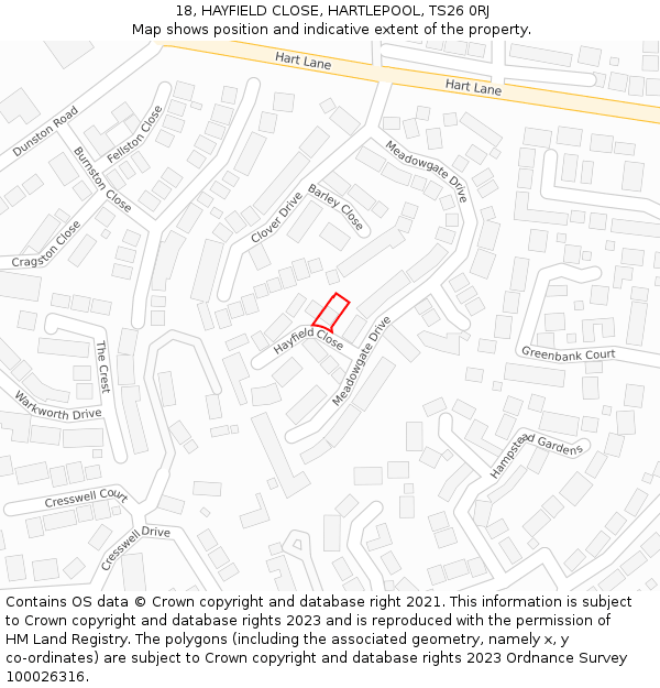 18, HAYFIELD CLOSE, HARTLEPOOL, TS26 0RJ: Location map and indicative extent of plot