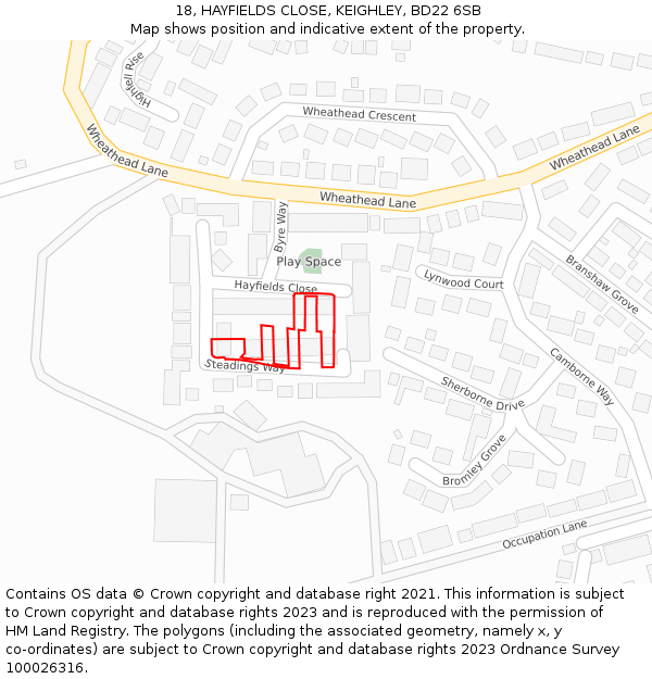 18, HAYFIELDS CLOSE, KEIGHLEY, BD22 6SB: Location map and indicative extent of plot