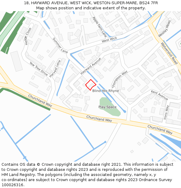 18, HAYWARD AVENUE, WEST WICK, WESTON-SUPER-MARE, BS24 7FR: Location map and indicative extent of plot