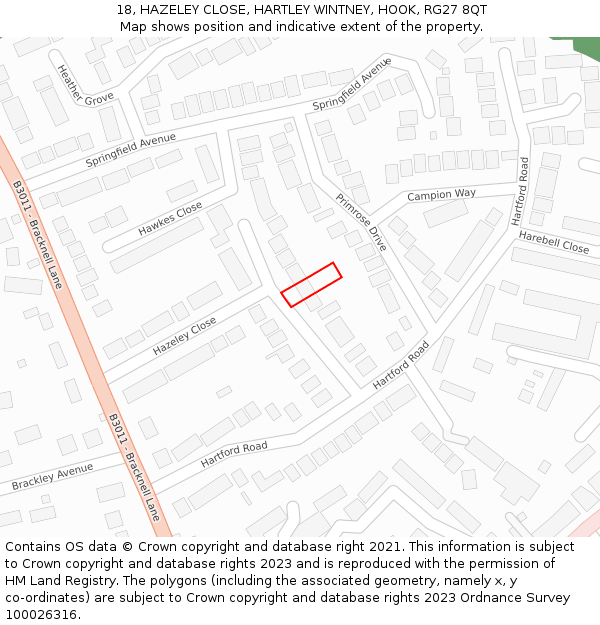 18, HAZELEY CLOSE, HARTLEY WINTNEY, HOOK, RG27 8QT: Location map and indicative extent of plot