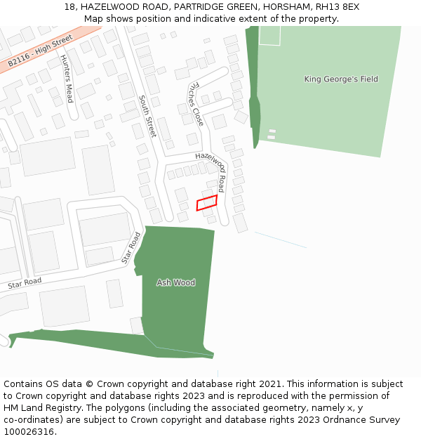 18, HAZELWOOD ROAD, PARTRIDGE GREEN, HORSHAM, RH13 8EX: Location map and indicative extent of plot
