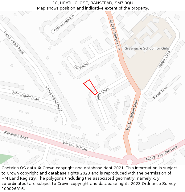 18, HEATH CLOSE, BANSTEAD, SM7 3QU: Location map and indicative extent of plot