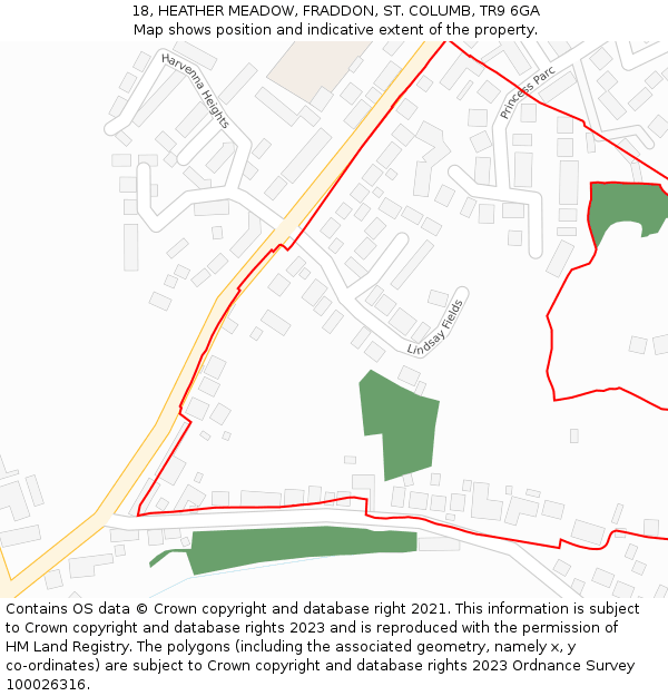 18, HEATHER MEADOW, FRADDON, ST. COLUMB, TR9 6GA: Location map and indicative extent of plot