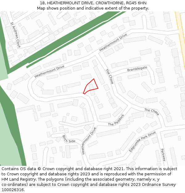 18, HEATHERMOUNT DRIVE, CROWTHORNE, RG45 6HN: Location map and indicative extent of plot