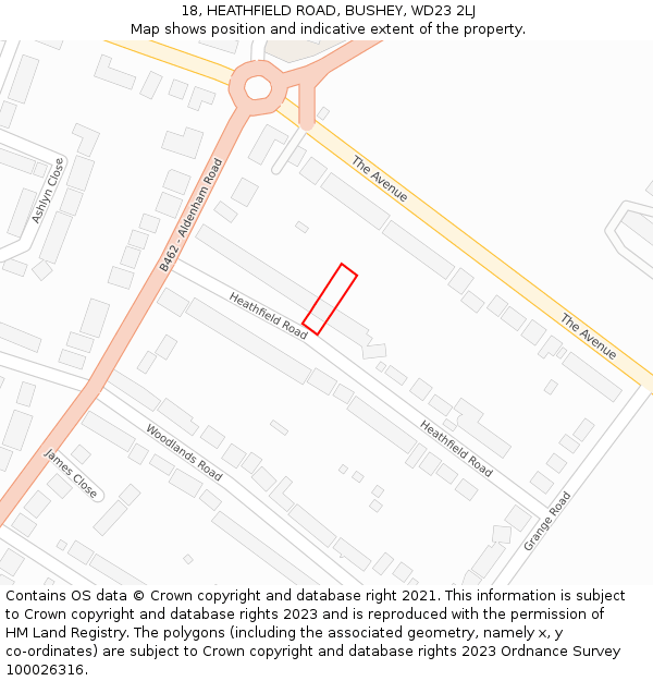 18, HEATHFIELD ROAD, BUSHEY, WD23 2LJ: Location map and indicative extent of plot