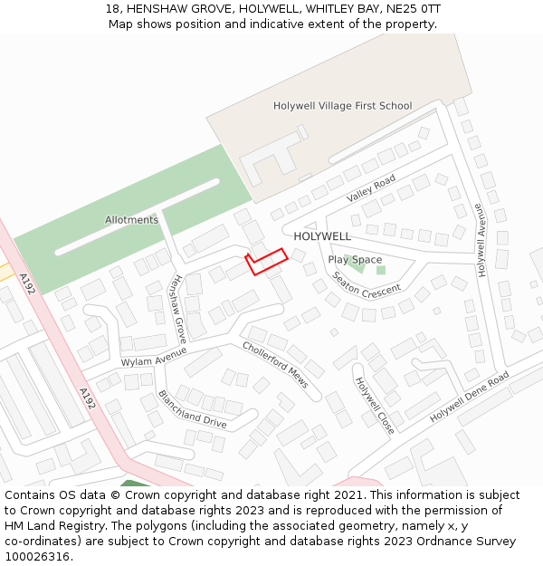 18, HENSHAW GROVE, HOLYWELL, WHITLEY BAY, NE25 0TT: Location map and indicative extent of plot