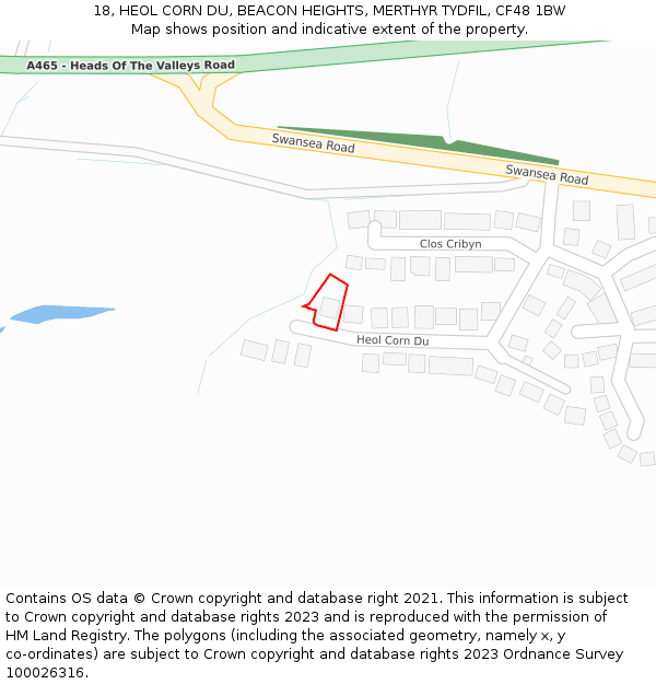 18, HEOL CORN DU, BEACON HEIGHTS, MERTHYR TYDFIL, CF48 1BW: Location map and indicative extent of plot