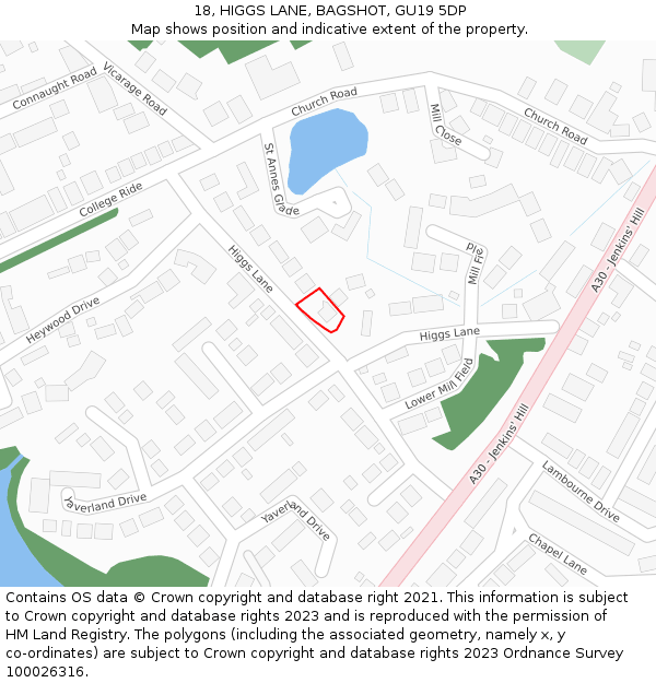 18, HIGGS LANE, BAGSHOT, GU19 5DP: Location map and indicative extent of plot