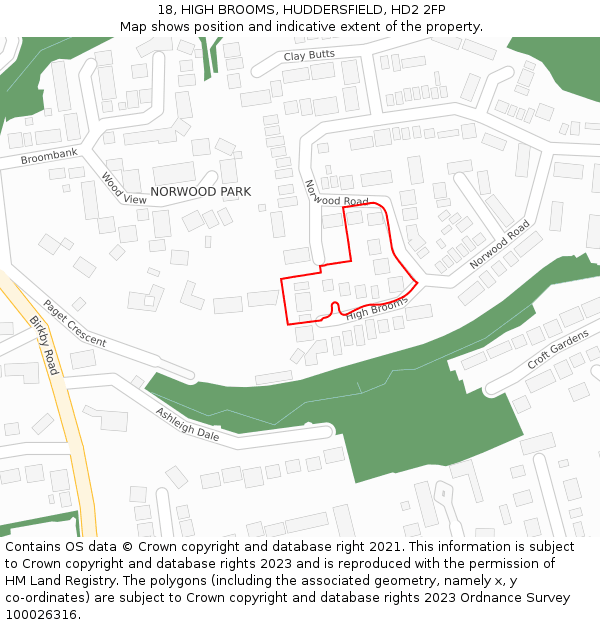 18, HIGH BROOMS, HUDDERSFIELD, HD2 2FP: Location map and indicative extent of plot